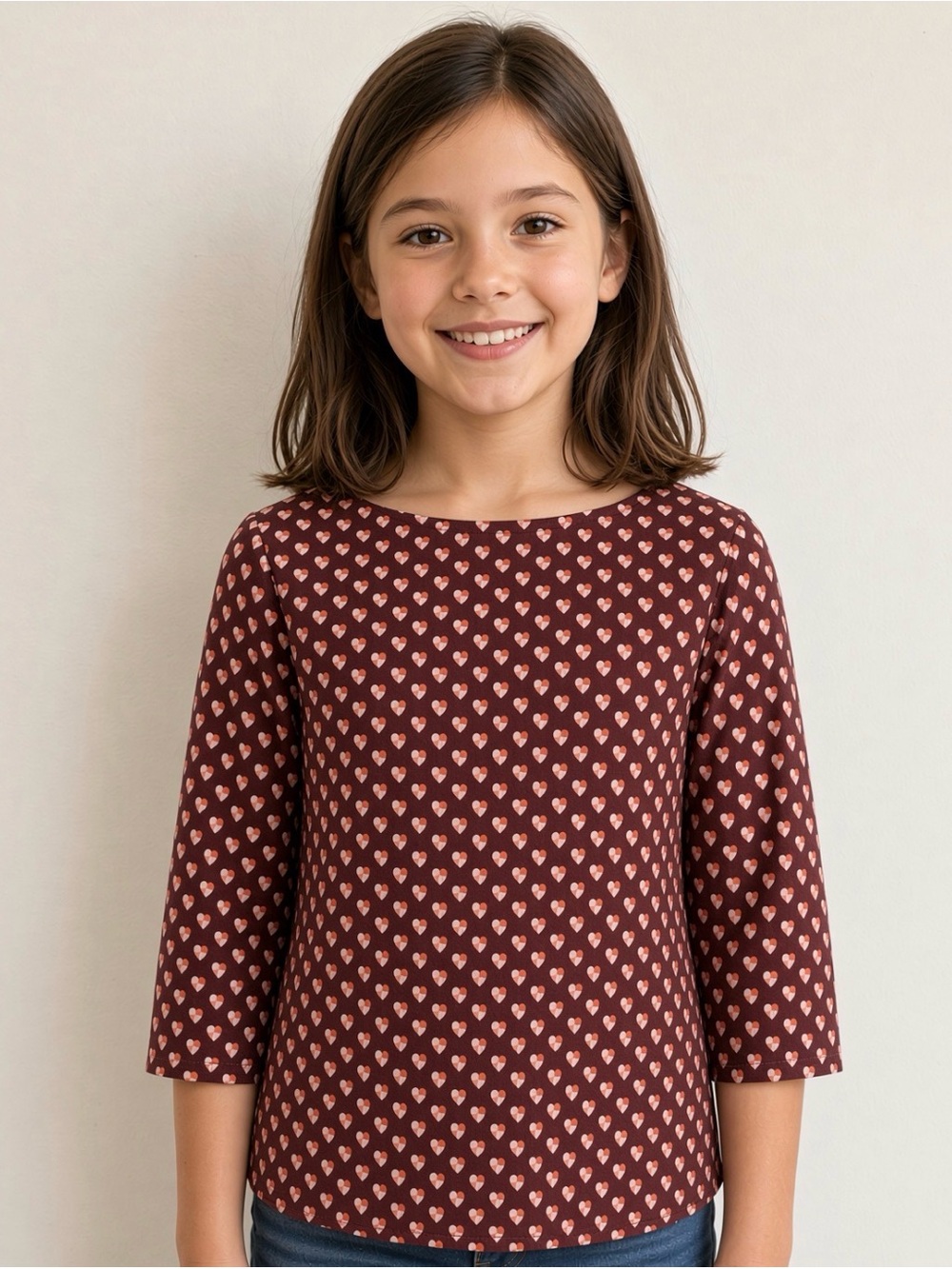 Crewcuts J.Crew Girls size 7 Maroon Heart Print Cotton Blouse 3/4 Sleeve